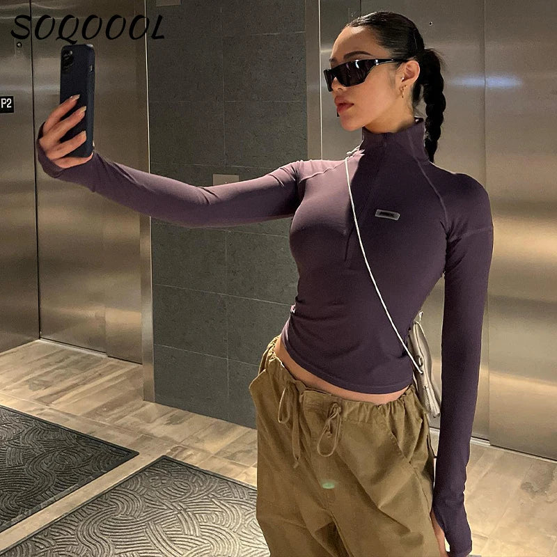Y2k Long Sleeve T Shirt Women Stand Collar Skinny Zip Crop Tops