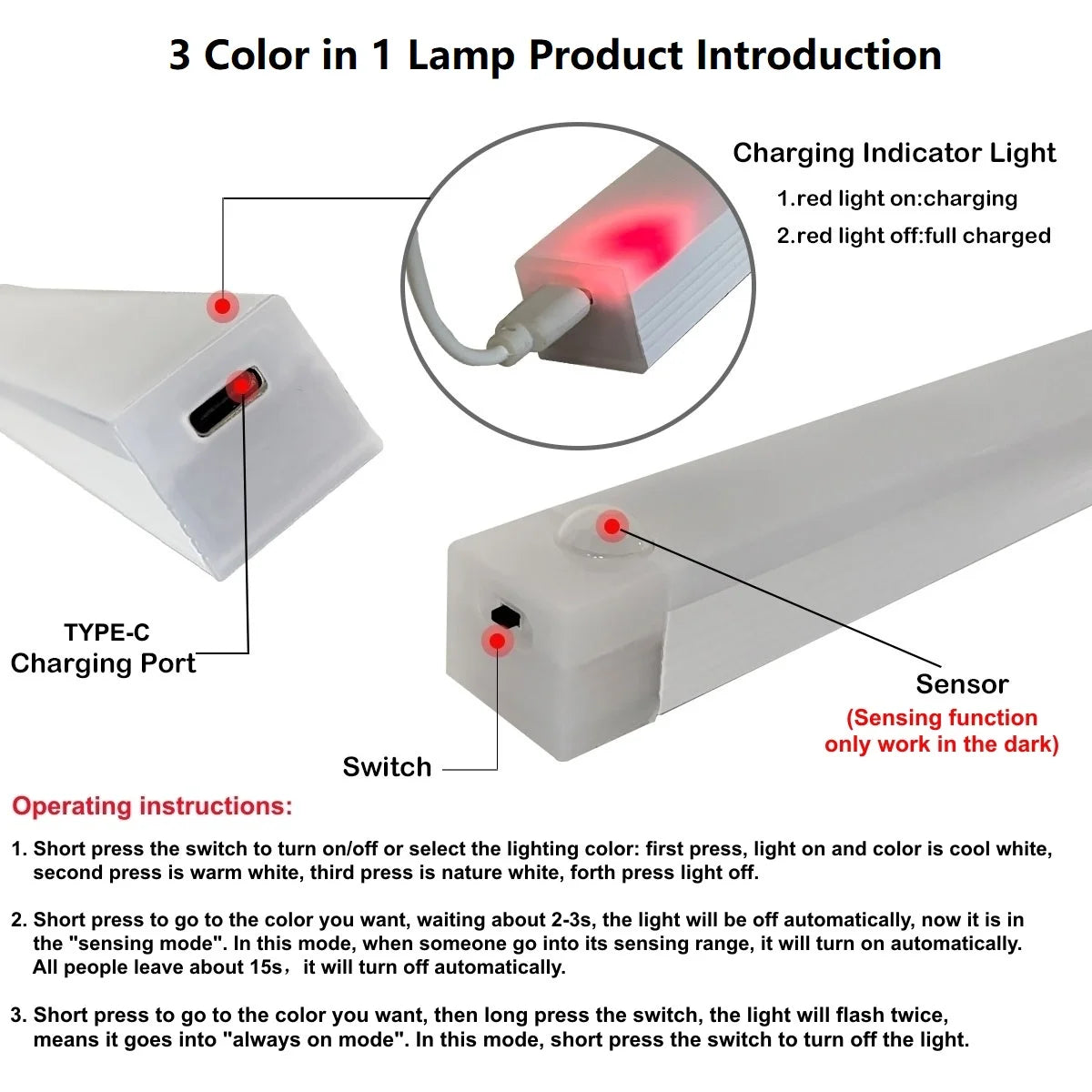 Motion Sensor Wireless LED Night Light USB Rechargeable Long Strip Bar