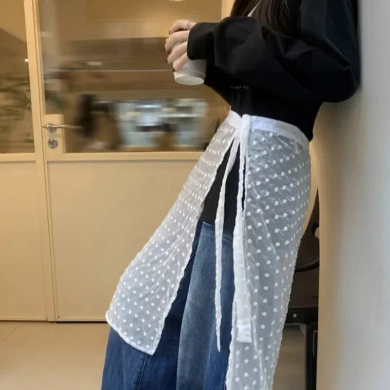 Lace Layered Gauze Skirt with Tie Up Women Vintage Bowknot Print