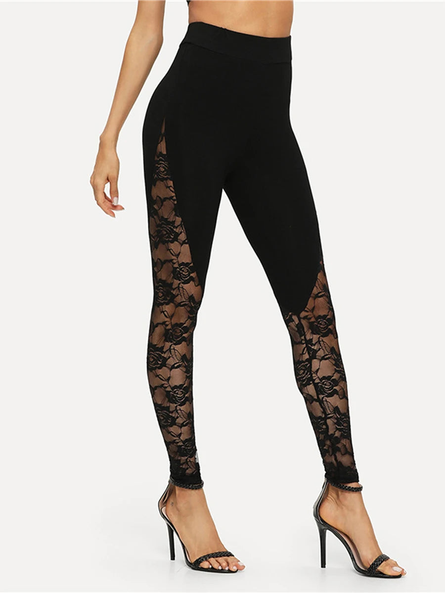 Sexy High-Waist Black Lace Tight Pencil Pants Women Ladies Patchwork