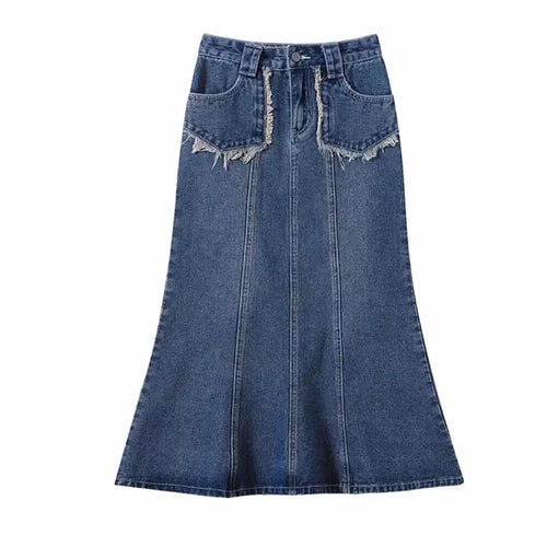 Women's Tassel Denim Long Skirts, Vintage Pocket, A-line Jeans Skirt,