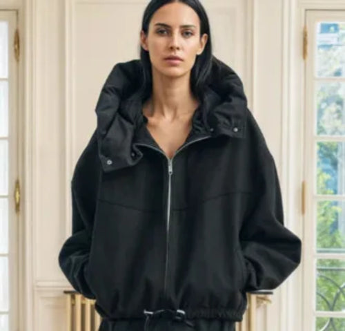Zipper Panelled Women's Jackets With Hoodies Casual Drawstring Long