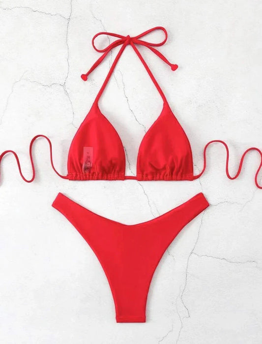 Women Red/Black/White/Coffee Bikini Padded Sexy Halter Bikini Two-Piece Set With Drawstring Straps Brazilian Bathing Suit 2025