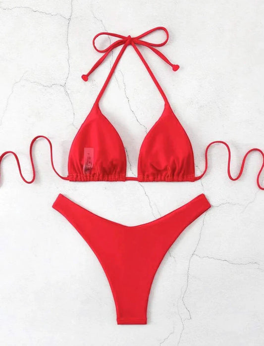 Women Red/Black/White/Coffee Bikini Padded Sexy Halter Bikini Two-Piece Set With Drawstring Straps Brazilian Bathing Suit 2025