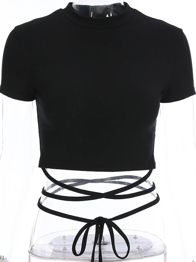2022 Summer Women Black Short T-Shirts Sexy Crop Tops Short Sleeve
