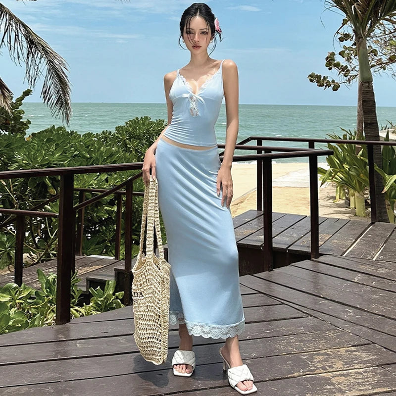 Y2k Matching Suit Women’s 2 Piece Summer Outfits Lace Trim Sleeveless