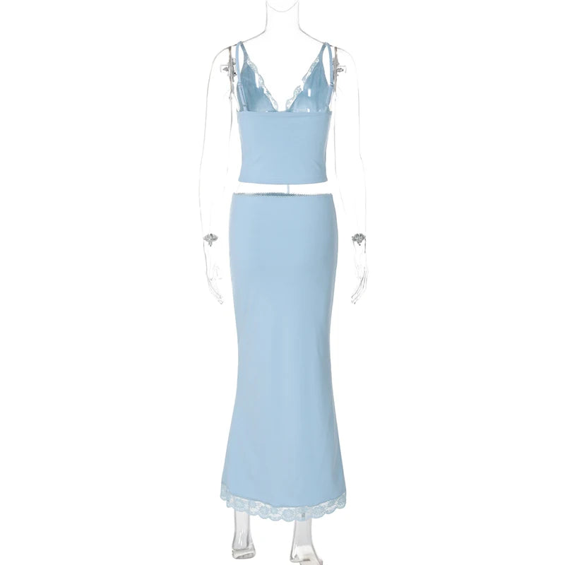 Y2k Matching Suit Women’s 2 Piece Summer Outfits Lace Trim Sleeveless
