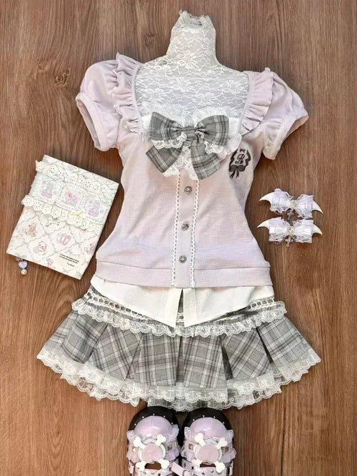 Japanese Sweet Preppy Style Skirt Set Women Kawaii Lace Patchwork Bow