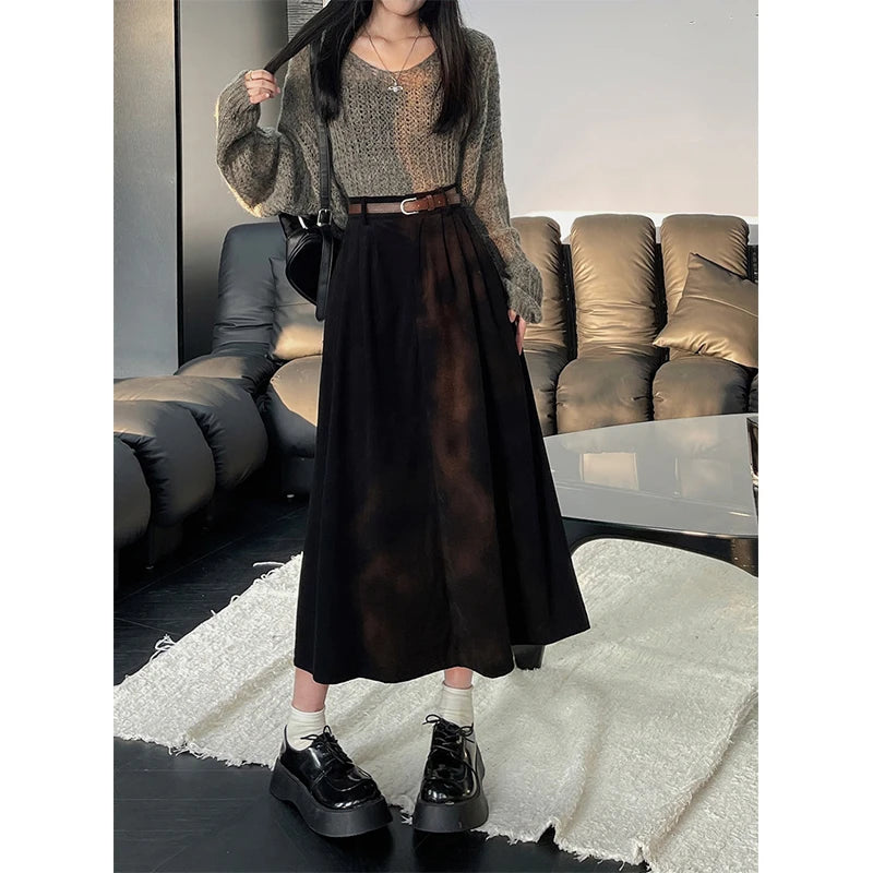 Vintage Belt Corduroy Midi Skirt Women High Waist Pleated A Line