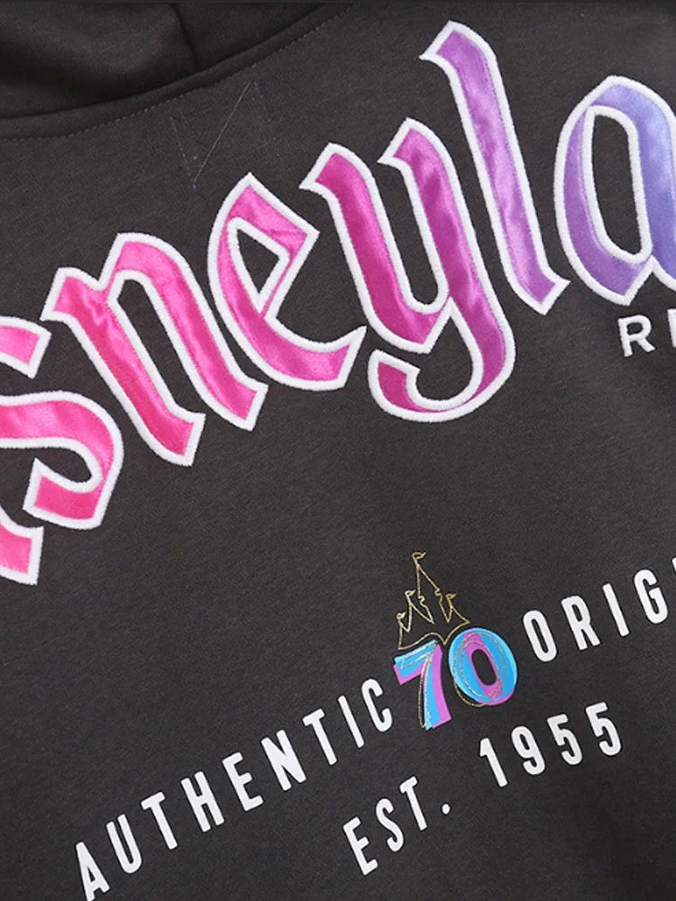 Disneyland 70th Anniversary Castle Mickey Mouse Cartoon Print Embroidery Fleece Sweatshirt Women Hooded Zipper VELOUR Jumper Top