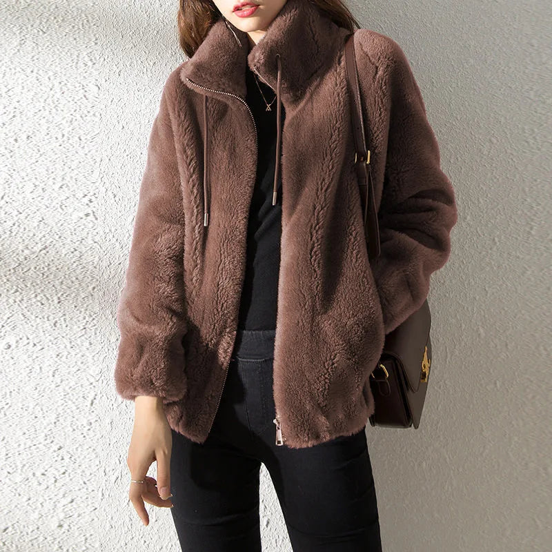 Women Winter Double Coral Fleece Warm Coat Stand Collar Plush Thick