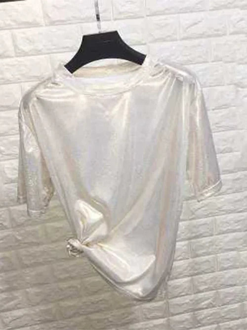 summer woman tops shiny loose short sleeve t-shirt sexy club aesthetic