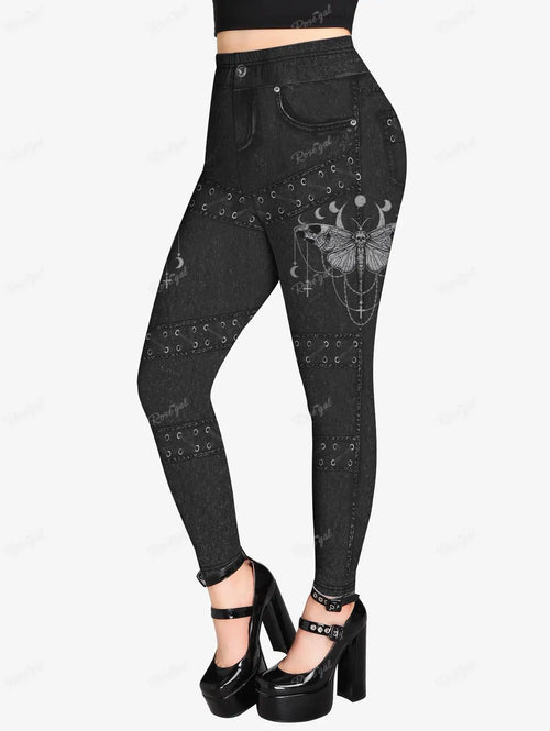 ROSEGAL Plus Size Gothic Leggings 3D Butterfly Jean Lace-up Printed