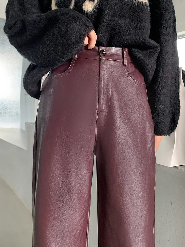 QOERLIN Fall Winter PU Leather Pants Women Elegant High Waist Pockets