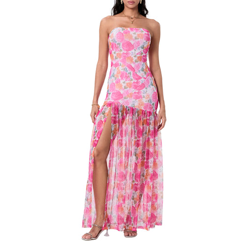 Women’s Tube Top Summer Dress Slim Strapless Backless Mesh Patchwork
