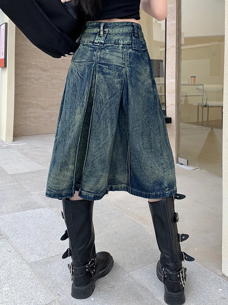 S-4XL Women Jeans Skirts Summer New High Waist A-Line Pleated Loose