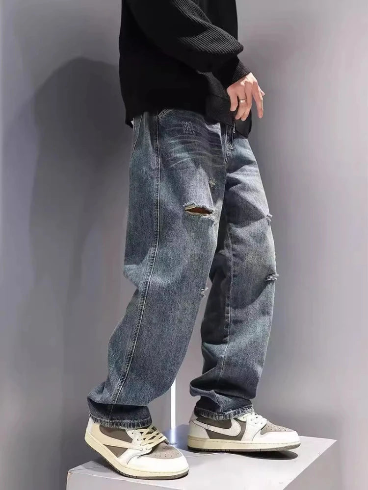 New Men's Ripped Jeans Baggy Straight Fashion Vintage Blue Denim Pants