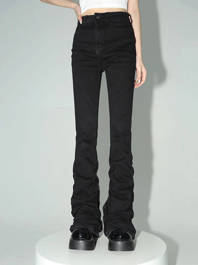 REDDACHiC Black Ruched Flare Jeans Women Solid Stretch Bootcut Stacked