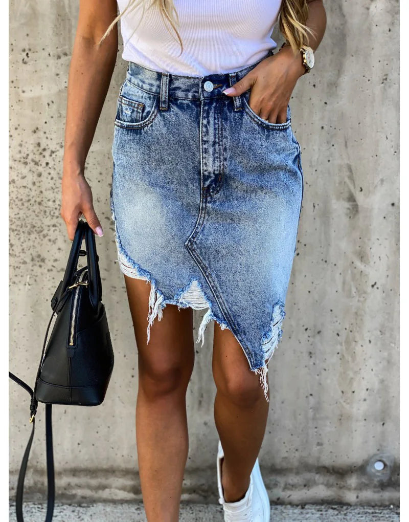 2022 Summer New Ripped Irregular Denim Skirts For Women Fashion Street