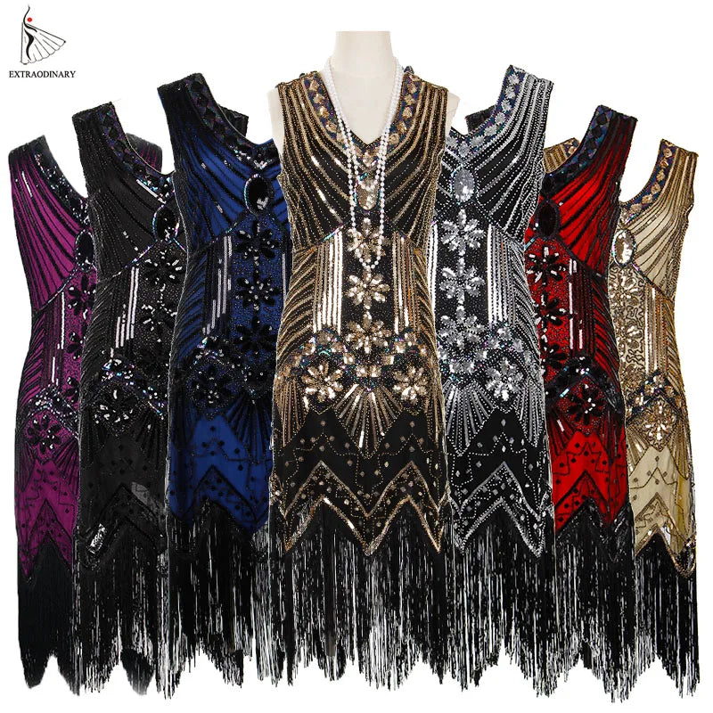 Women 1920 s Vintage Great Gatsby Dress Sequins Dress V-Neck Tassels