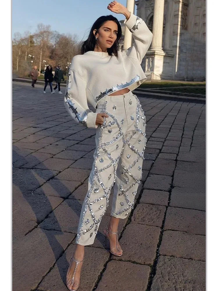 Sequin Decor Straight Leg Denim Jeans for Women High Wait Elegant