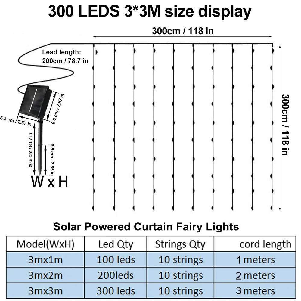 Solar Curtain Light LED Outdoor Waterproof 300leds Garland Decoration