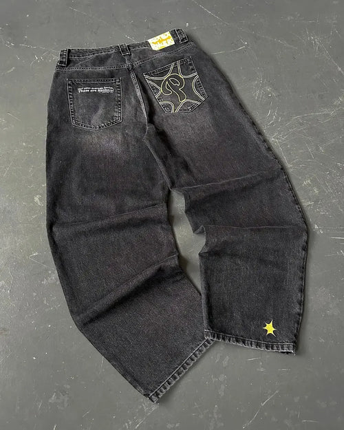 Y2K Men blue letter printed jeans high-end fashion hip-hop trend