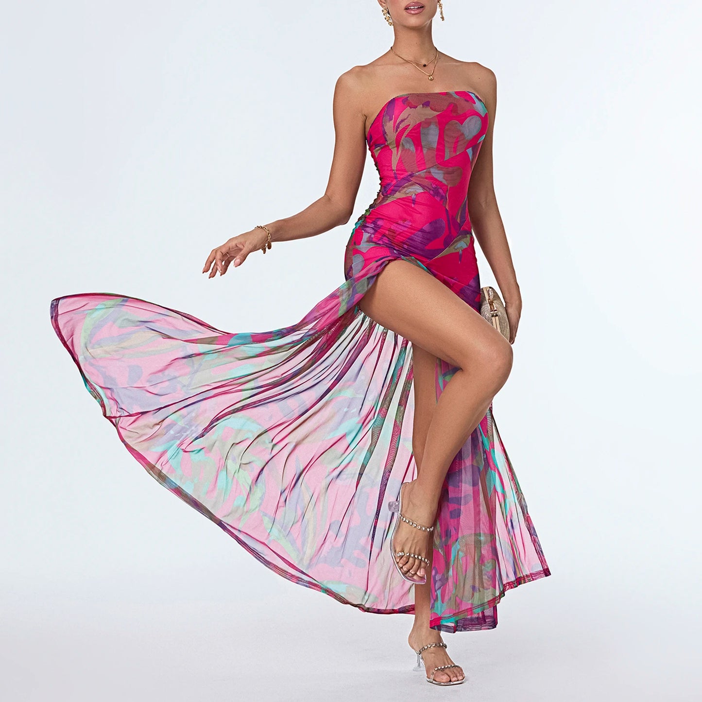 Women’s Tube Top Summer Dress Slim Strapless Backless Mesh Patchwork