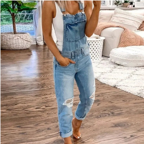 Hot Sale Suspenders Denim Jumpsuit For Women Fashion Ripped Jeans