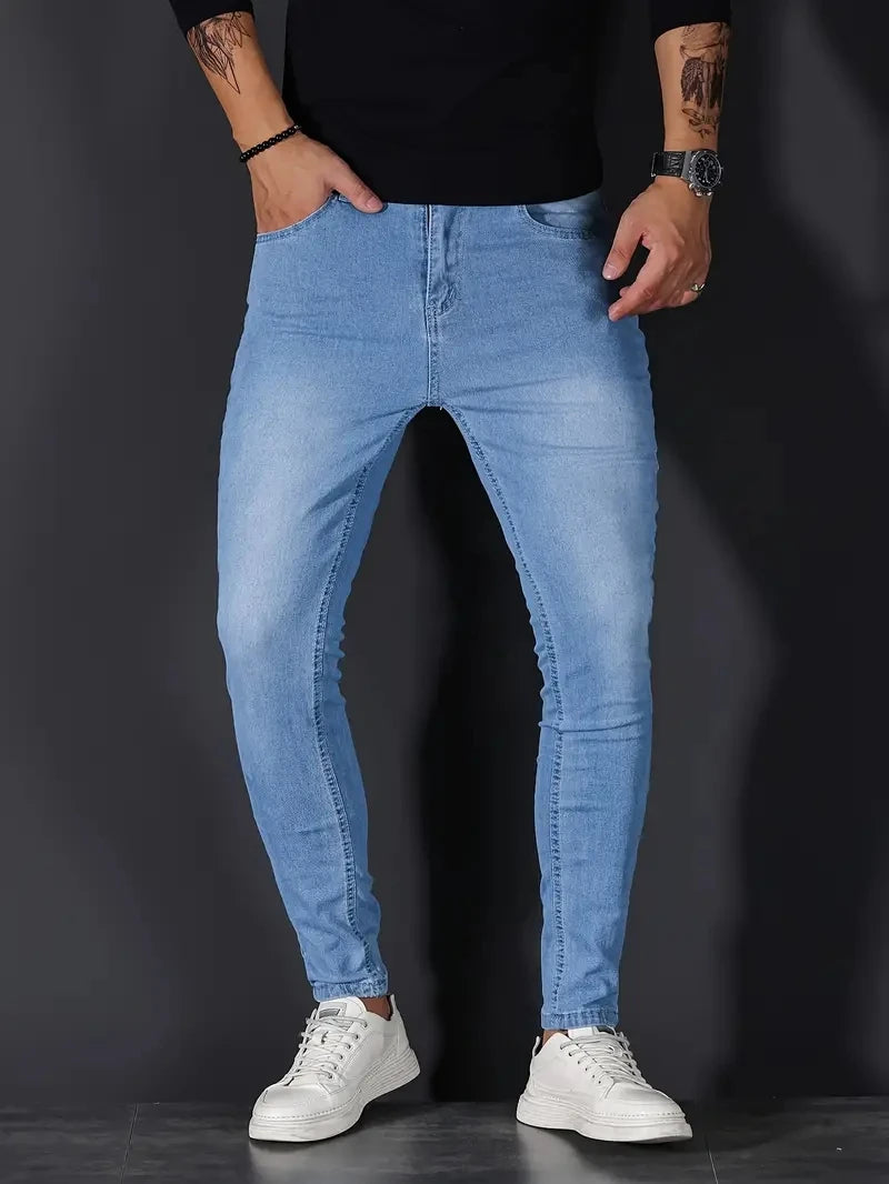 Mens Pants Pure Color Stretch Jeans Street Casual Slim Fit Trousers