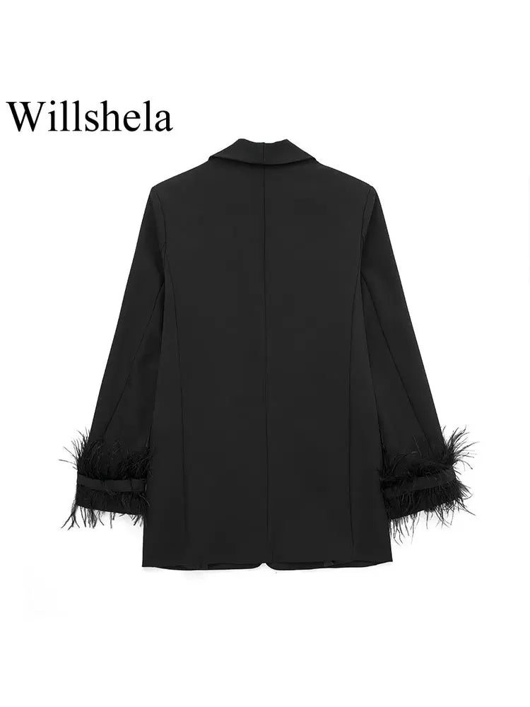 Willshela Women Fashion Satin Black With Feather Blazer Jacket Vintage