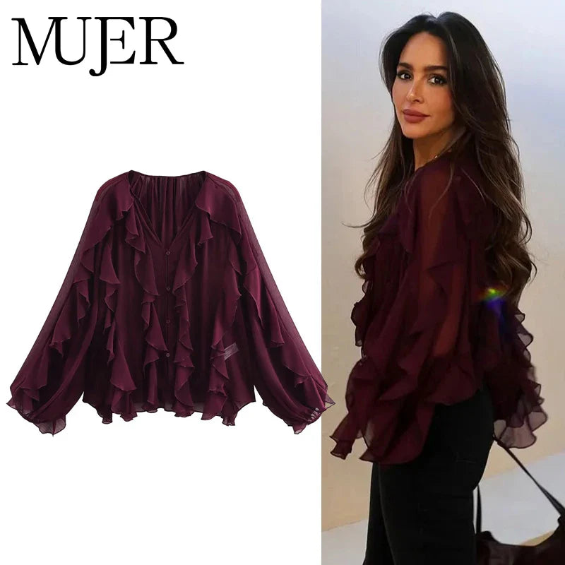MUJER Ruffle Womens Blouses Semi Sheer Casual Blouses Woman Spring