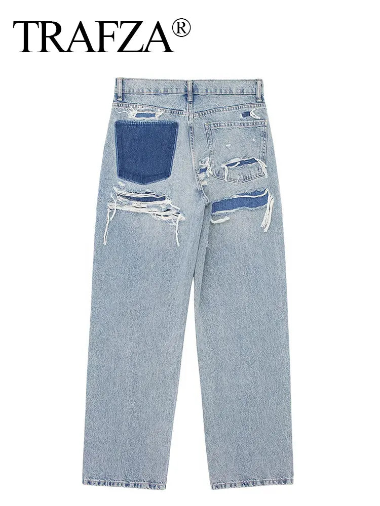 TRAFZA Jeans For Women 2024 Denim Solid Loose Zipper Fly Female Hole