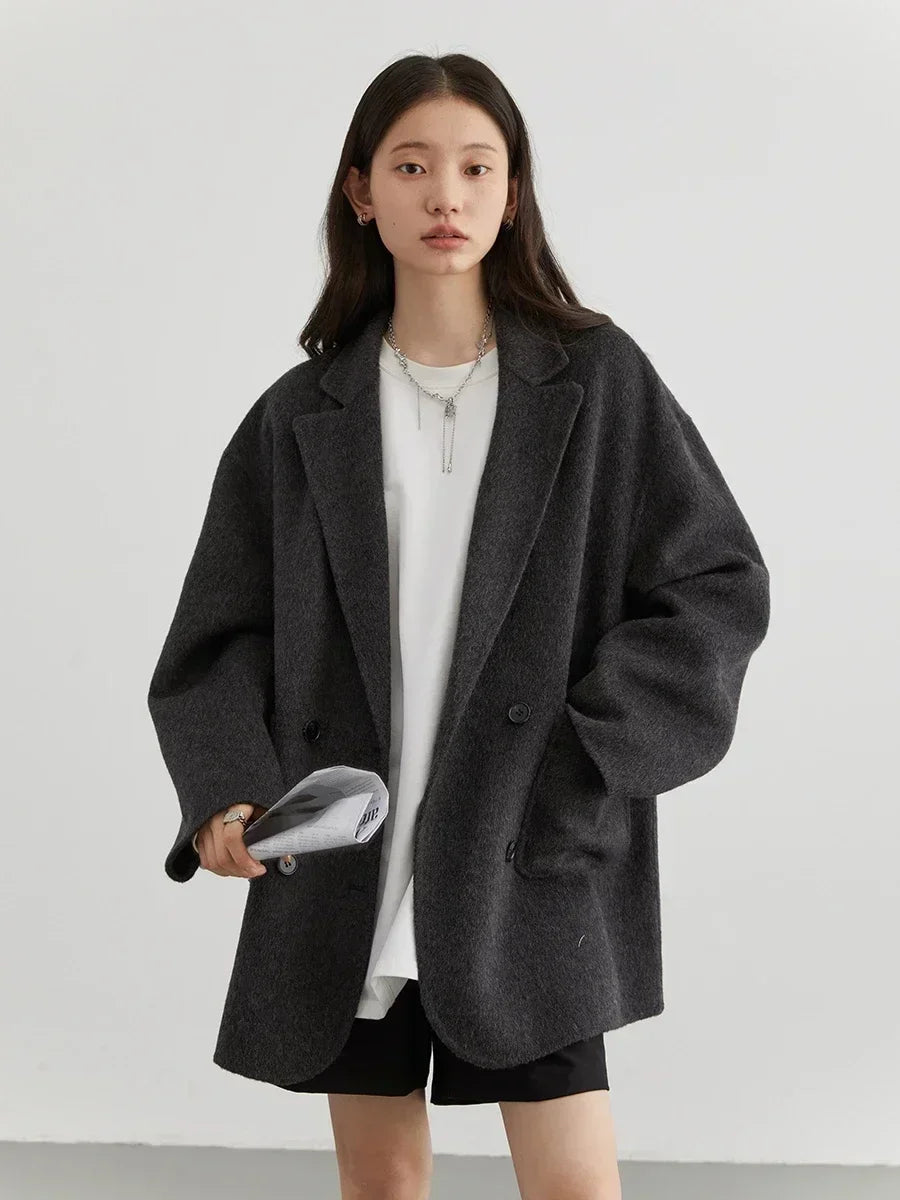 CHIC VEN Women's Woolen Coats Loose Casual Double Breasted Retro