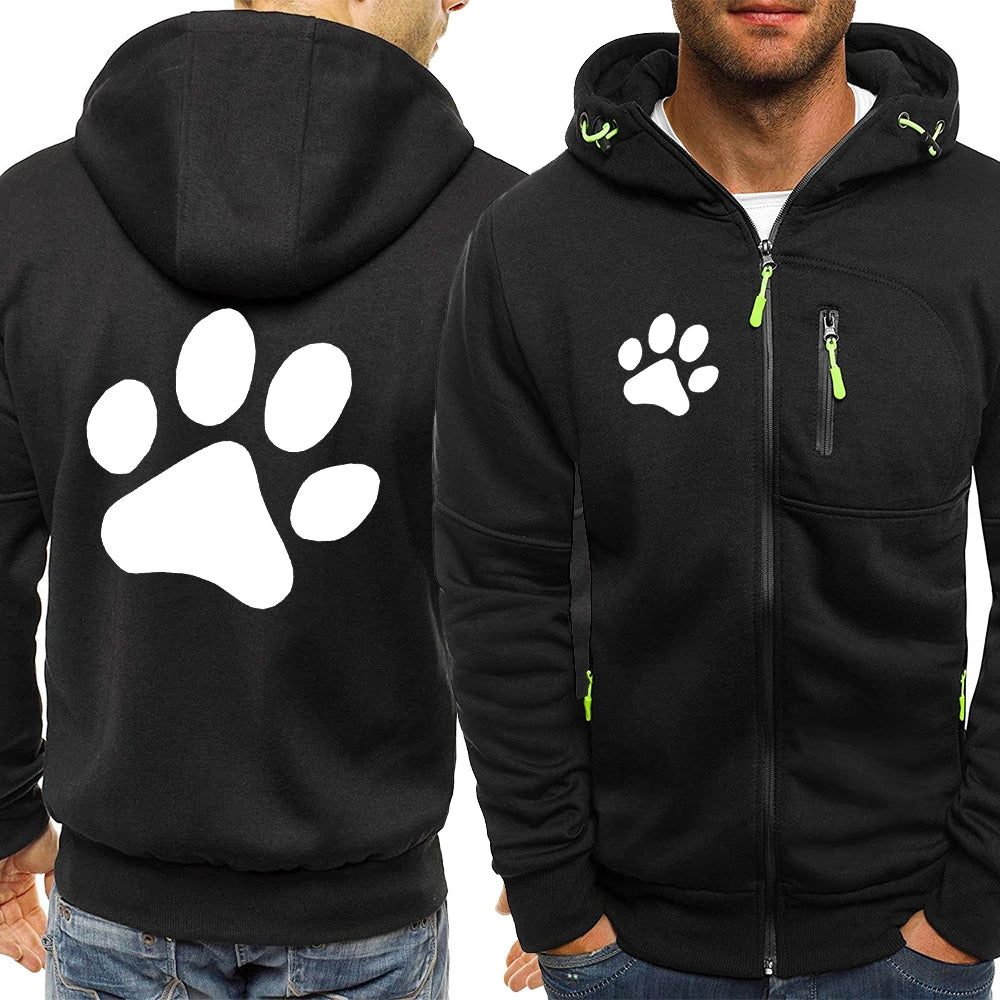 Kawaii Cartoon Dog Paw Print Zipper Hoodie For Men Fashion Oversized