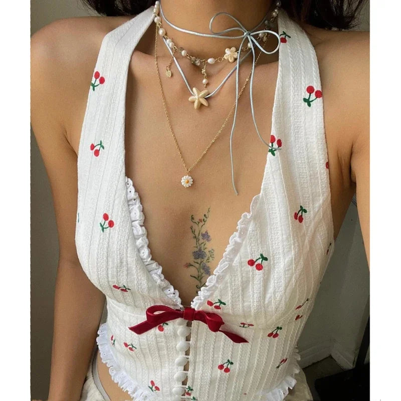 WhereMery Korean Fashion Print Halter Camis Tank Tops Summer Knitted