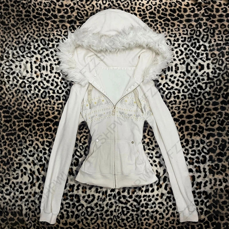 Y2K Harajuku Aesthetic Women's Fur Collar Hoodie Sexy Slim Chic Casual Solid Color Cardigan Sweatshirt Goth Punk Rock Streetwear