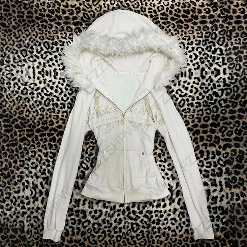 Y2K Harajuku Aesthetic Women's Fur Collar Hoodie Sexy Slim Chic Casual Solid Color Cardigan Sweatshirt Goth Punk Rock Streetwear