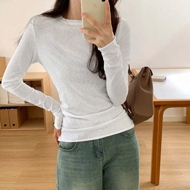 Spring Autumn T shirt Women Tops Solid Slim Fit Long Sleeve O Neck