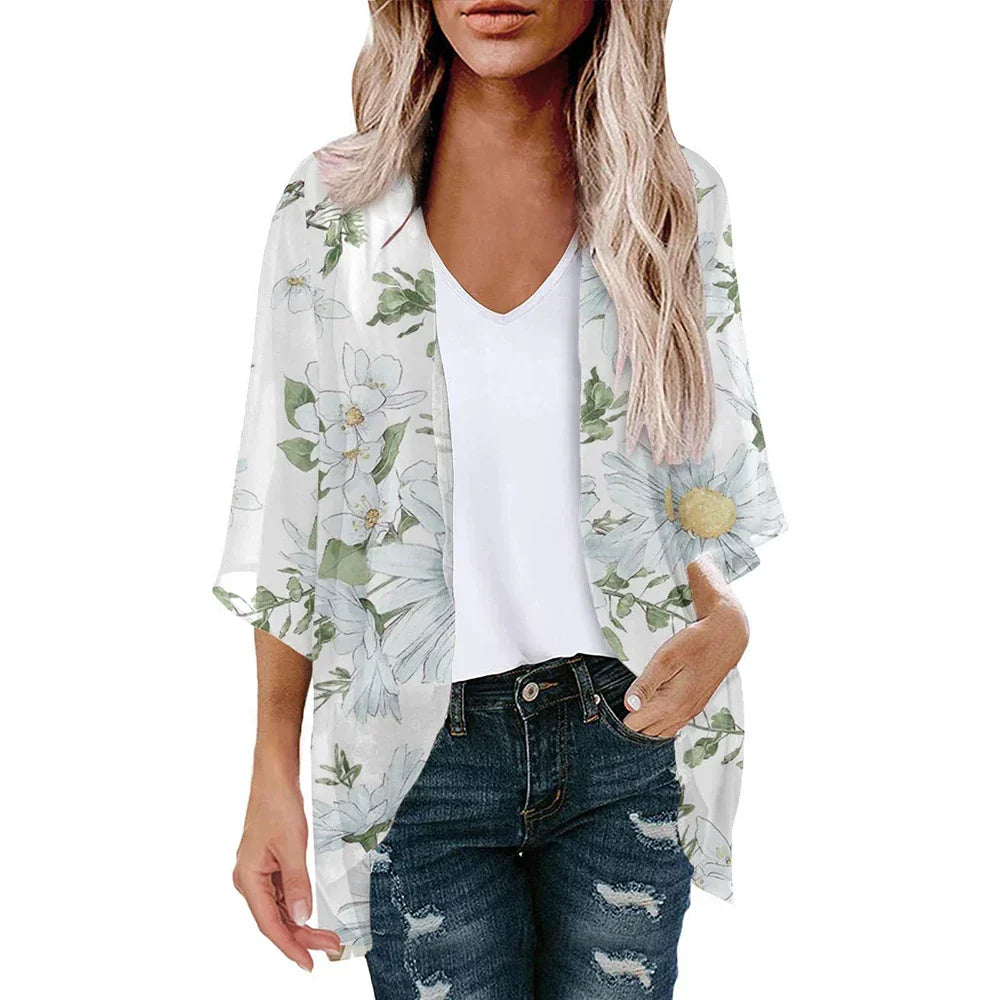 New Women Chiffon Blouse Kimono Tops Cardigan Leaves Print Beach Blouse Shawl Loose Hawaiian Outwear Swim Cover Up Beach Wear