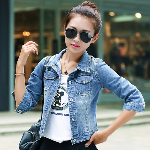 S-5XL Women Denim Jackets Spring Three-Quarter Sleeve O-Neck