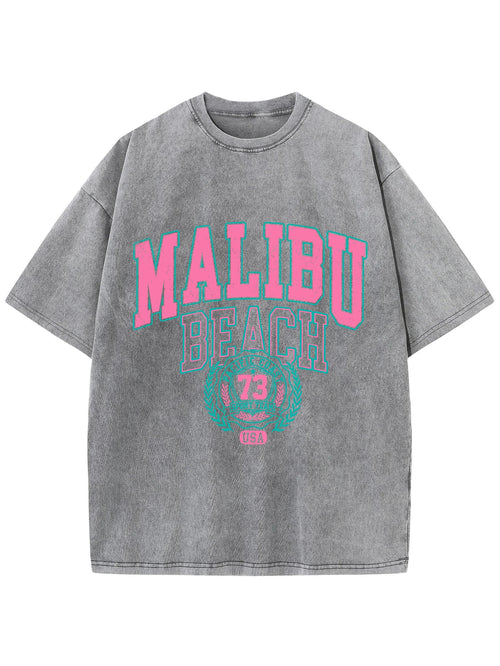 Malibu Beach Washed T-Shirt Women Letter Printing Cotton T Shirt