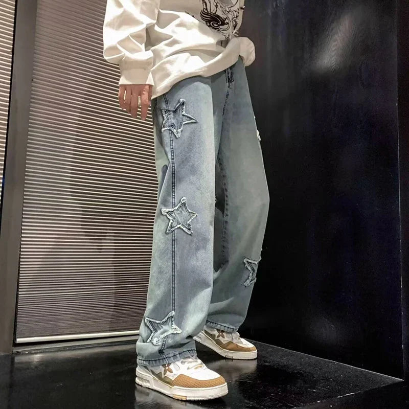 Stars Patchwork Men Jeans New Fashion Y2K Tassel Pants Korea Clothes