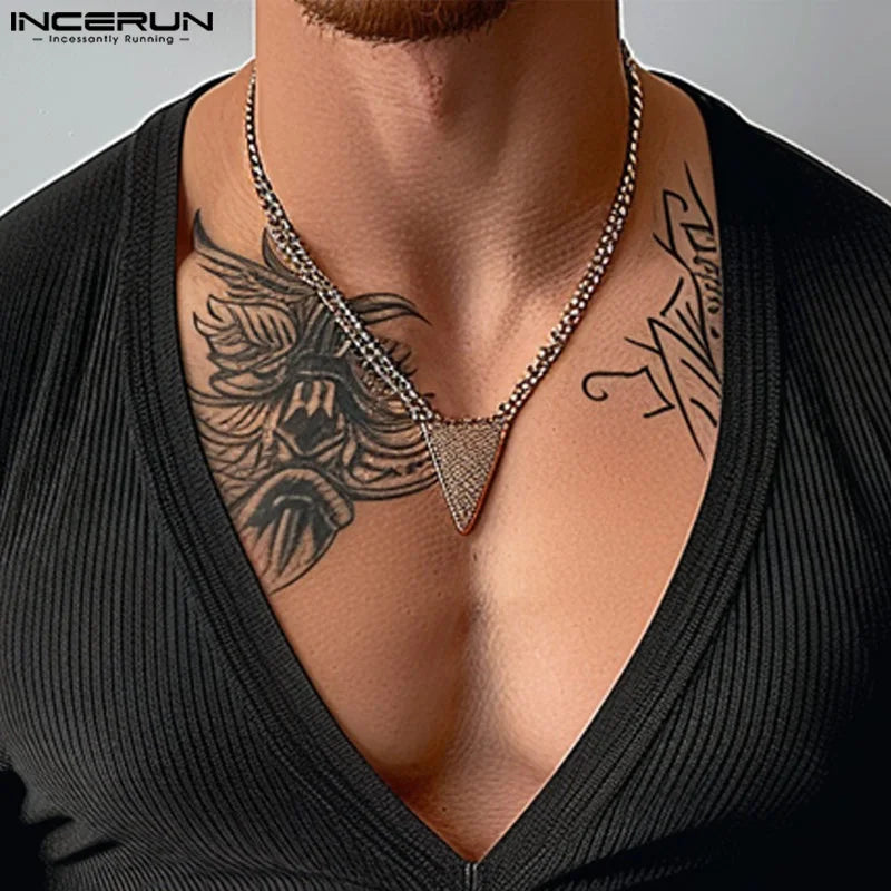 INCERUN Tops 2024 American Style Sexy Men's V-neck Striped T-shirt