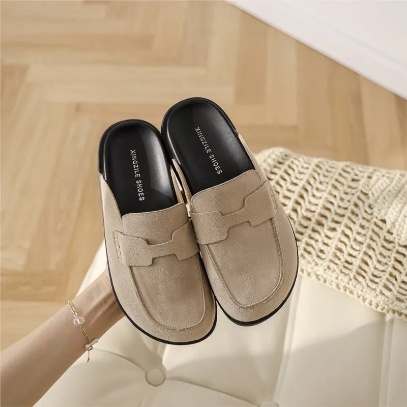 Leather baotou slippers women's half slippers 2024 spring and summer new wear soft bottom thick bottom lazy slippers