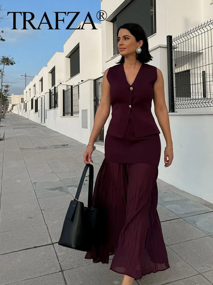 TRAFZA 2024 Women Skirt Set Wine Red Knitted V-Neck Sleeveless Slim