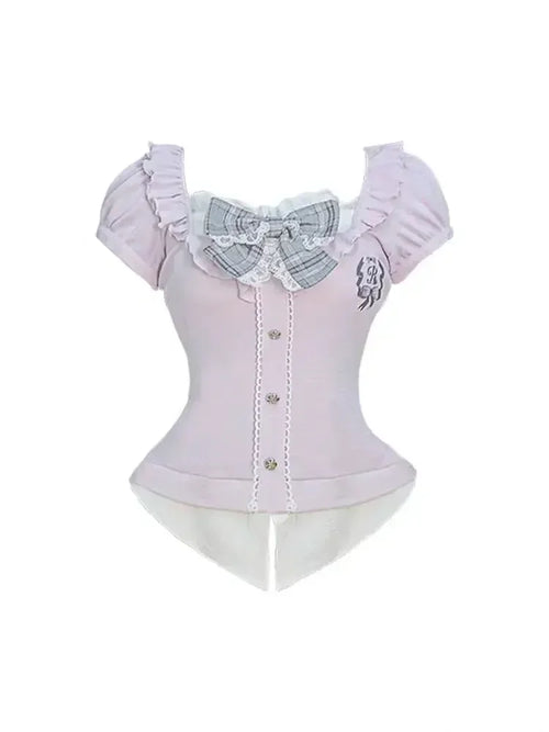 Japanese Sweet Preppy Style Skirt Set Women Kawaii Lace Patchwork Bow