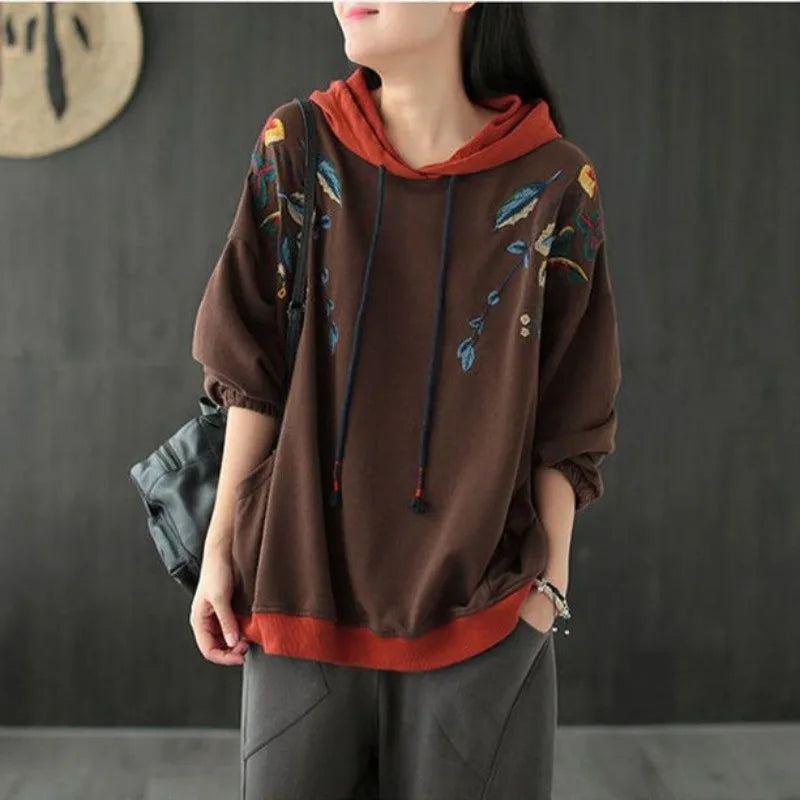 Brown Hoodies Embroidered Female Clothes Hooded Red Sweatshirts for Women Loose Green Baggy Tops Aesthetic Thick Goth Trend Emo