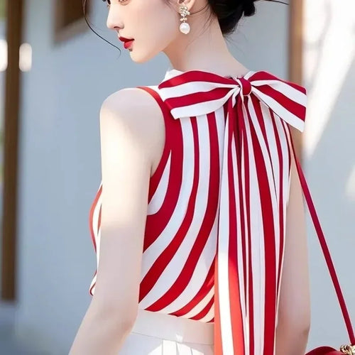 France Nostalgia White Red Striped Bow Shirt Women Sleeveless Tank
