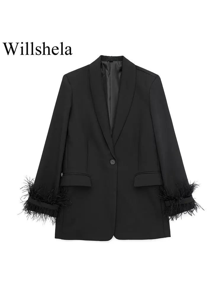 Willshela Women Fashion Satin Black With Feather Blazer Jacket Vintage